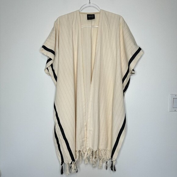 The Loomia Silvia Kimono Poncho Cover-Up OS Cream Black Fringe Beach - Picture 1 of 9